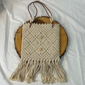 Boho Macrame Purse, Ivory Cotton with Leather Straps, Long Fringe